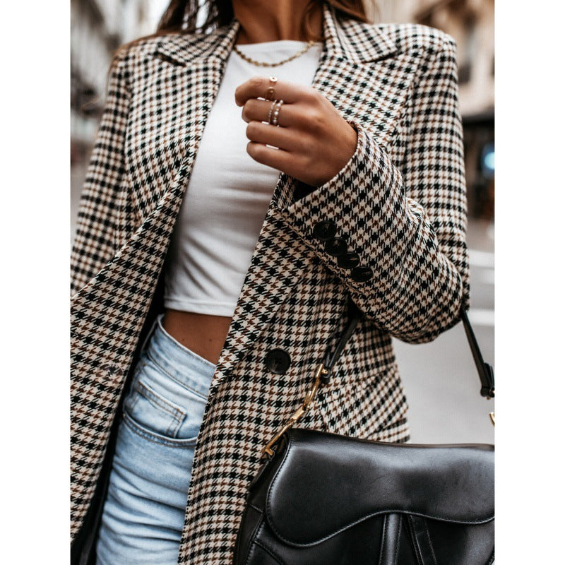 Damen Karierter Oversized Blazer mit doppelt geknöpftem Design Drune