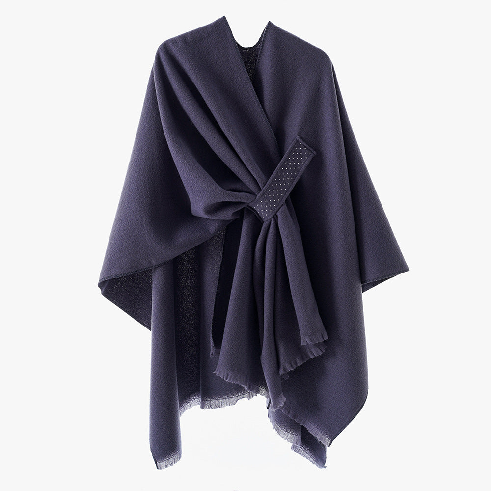 Damen Eleganter Wickel-Umhang aus Wollmischung mit Taillenschärpe und Fransensaum Drune
