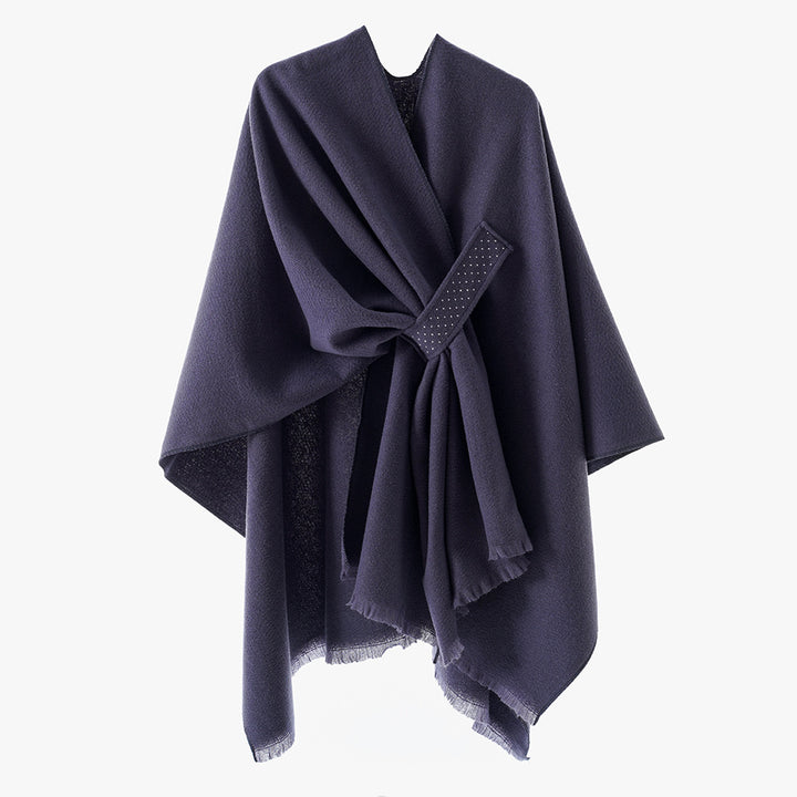 Damen Eleganter Wickel-Umhang aus Wollmischung mit Taillenschärpe und Fransensaum Drune