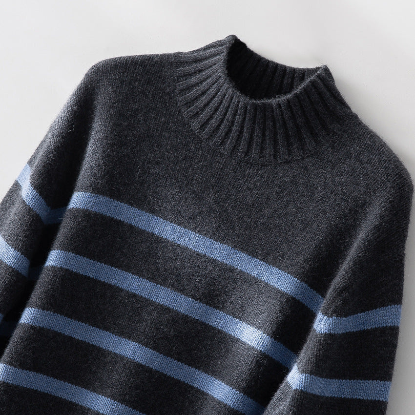 Damen Gestreifter Feinstrick-Pullover mit halbhohem Rippkragen und geripptem Saum Drune