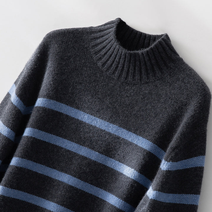 Damen Gestreifter Feinstrick-Pullover mit halbhohem Rippkragen und geripptem Saum Drune