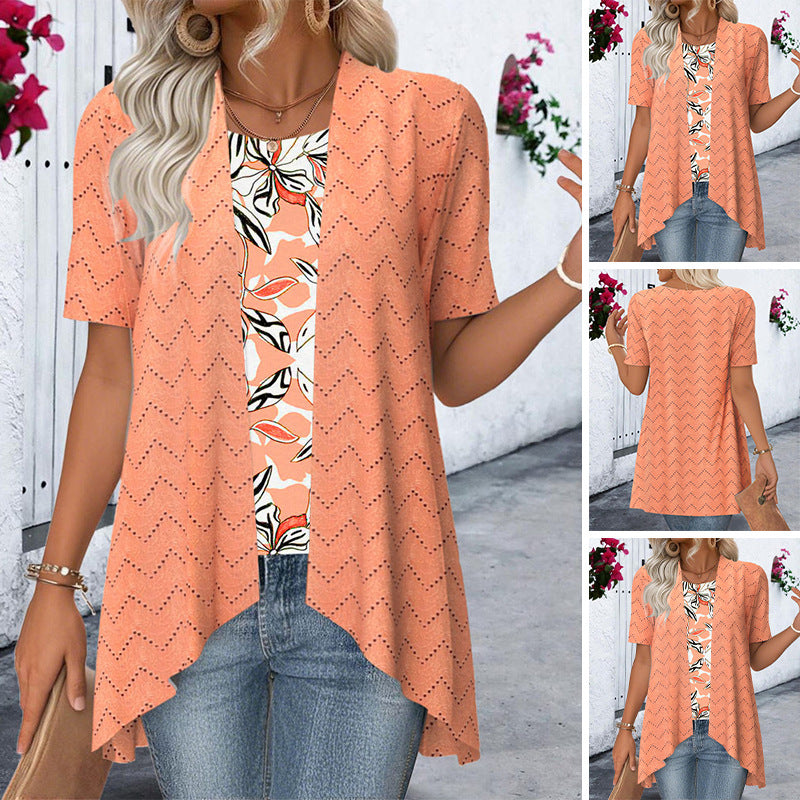 Damen nan Ajourstrick-Cardigan mit asymmetrischem Zipfelsaum und kurzen Ärmeln Drune