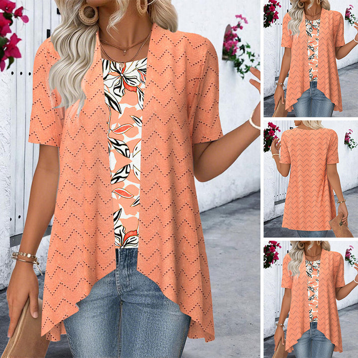 Damen nan Ajourstrick-Cardigan mit asymmetrischem Zipfelsaum und kurzen Ärmeln Drune