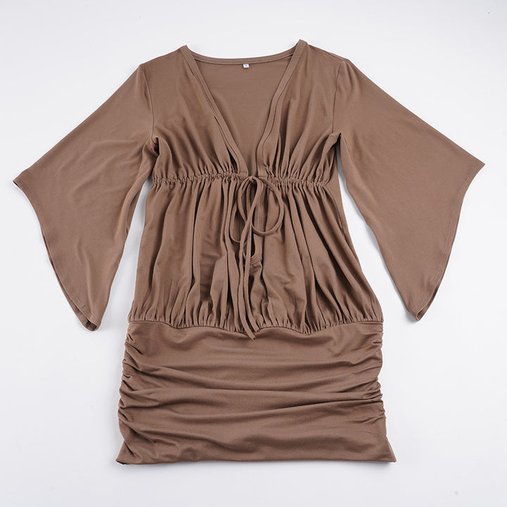 Damen Lockeres V-Ausschnitt-Tunika-Kleid mit Taillenschnürung, Kimonoärmeln und gerafftem Saum Drune