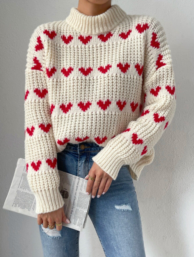 Drune Halb Hochkragen Locker Passform Liebesherz Jacquard Strickpullover