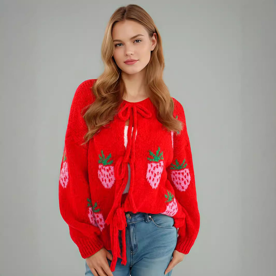 Damen Strickpullover mit zauberhaftem Erdbeermotiv und ballonen Ärmeln Drune