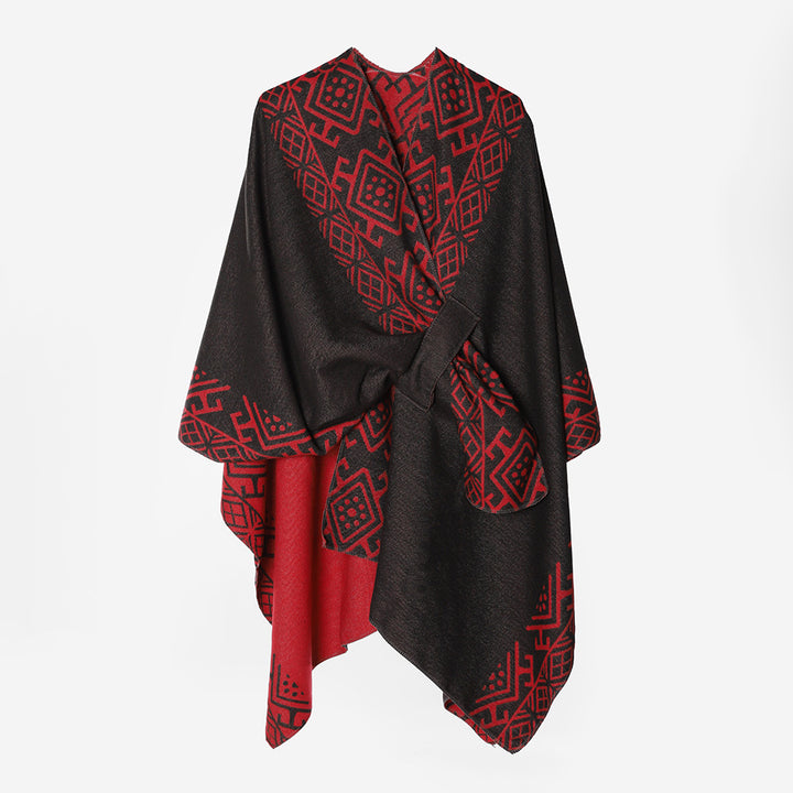 Damen Capeponcho mit Knotenverschluss, doppellagigem Jacquard und weichem Wollmix Drune
