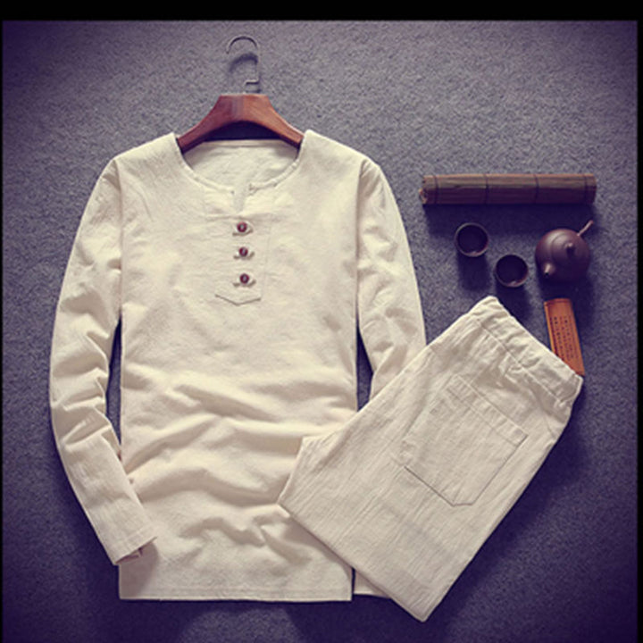 Herren Langärmeliges Henley-Loungewear-Oberteil mit Stehkragen und dekorativer Knopfleiste Drune