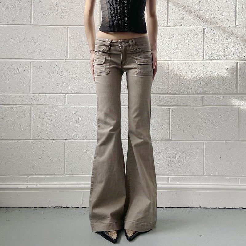 Damen High‑Waist Cargo‑Flaréhose mit weitem Schlag und aufgesetzten Taschen Drune