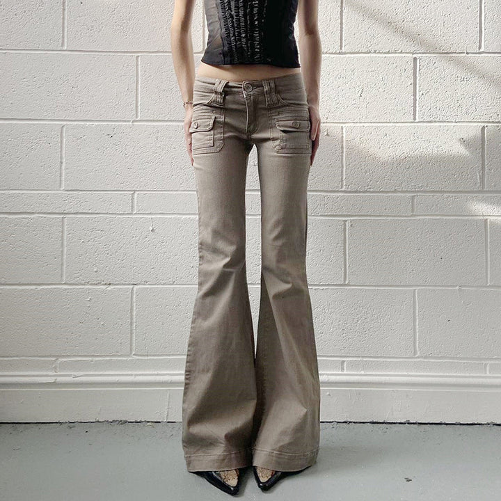 Damen High‑Waist Cargo‑Flaréhose mit weitem Schlag und aufgesetzten Taschen Drune
