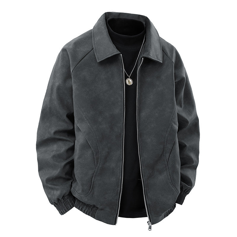Herren Veloursleder‑Optik Zipjacke im Retro‑Blouson‑Stil mit Kentkragen und elastischem Saum Drune