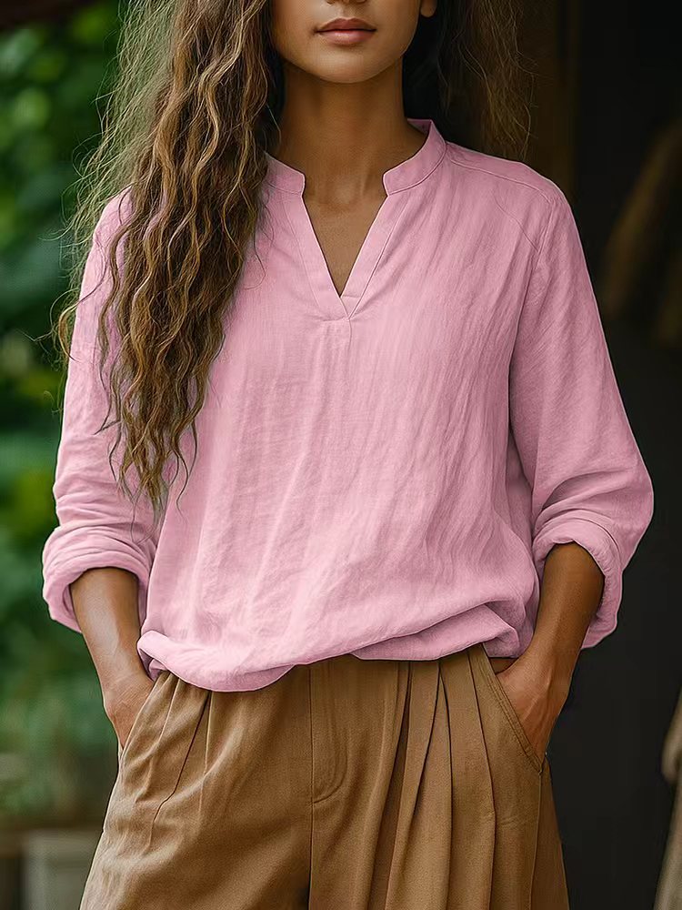 Damen Casual Tunika-Bluse in Leinenoptik mit kleinem Stehkragen und V‑Schlitz Drune