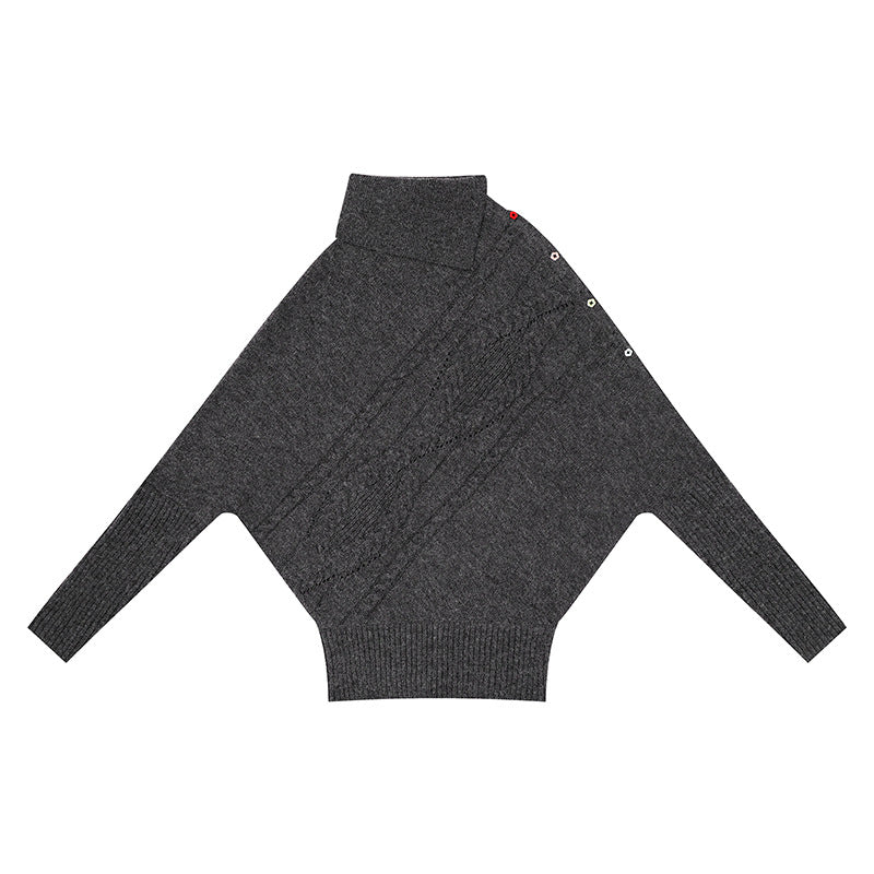 Damen Oversize-Pullover mit Rollkragen, asymmetrischer Schulter-Knopfleiste und Zopfstrick-Details Drune