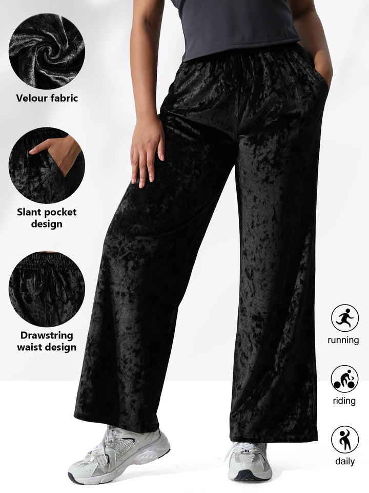 Damen Velours-Hose mit weitem Bein, Tunnelzug und Eingrifftaschen Drune
