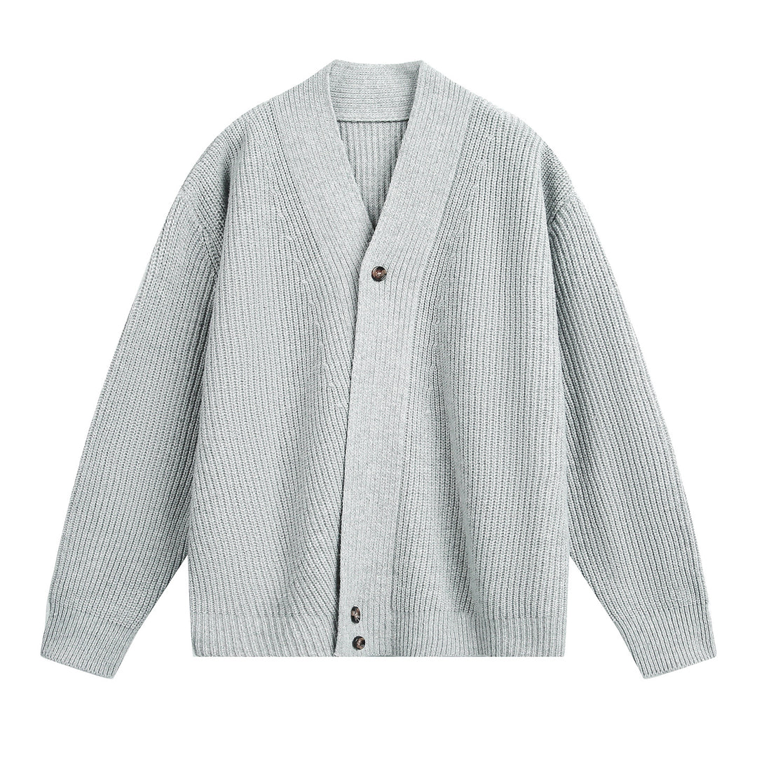 Unisex Oversize-Grobstrick-Cardigan mit Schalkragen, Rippenstruktur und asymmetrischer Knopfleiste Drune