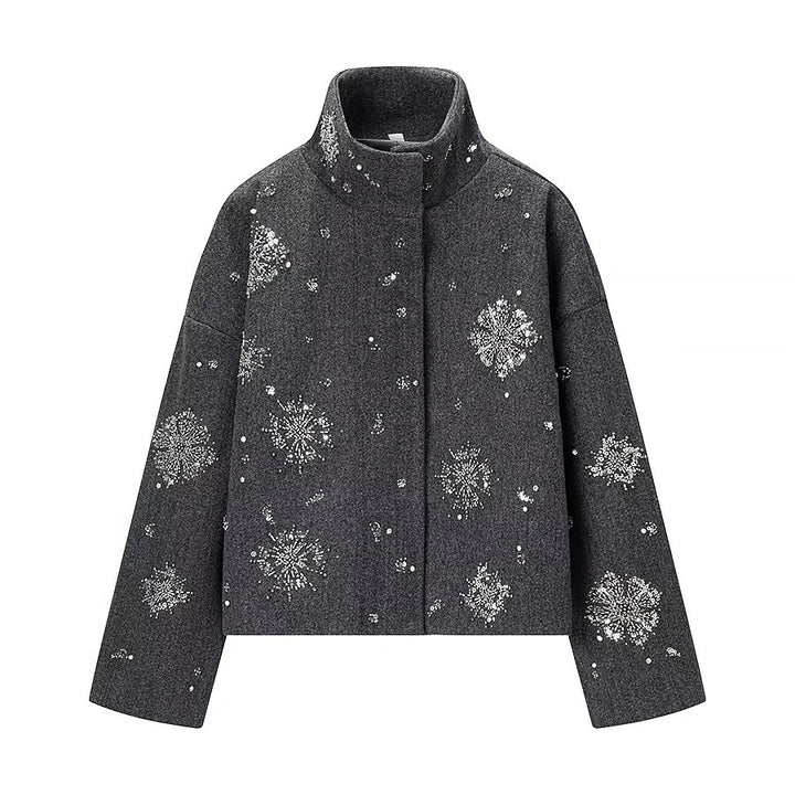 Damen nan boxy Kurzjacke mit hohem Stehkragen und funkelnder Perlen‑ und Paillettenstickerei Drune