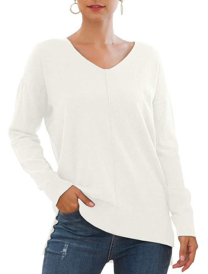 Damen eleganter V-Ausschnitt Pullover mit asymmetrischem Saum Drune