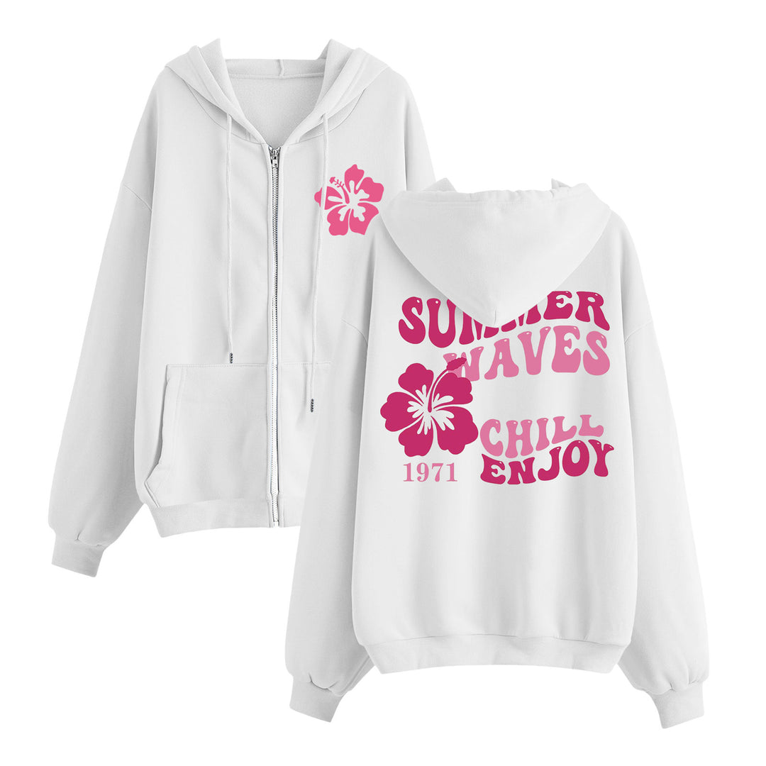Damen nan entspannter Zip-Hoodie mit tropischem Hibiskus-Print, Kängurutaschen und gerippten Bündchen Drune