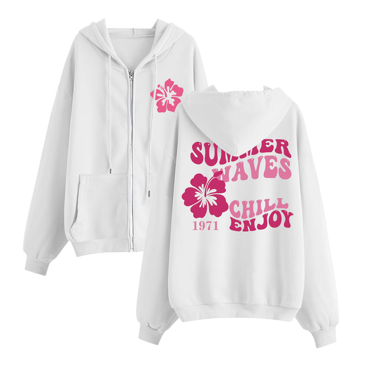 Damen nan entspannter Zip-Hoodie mit tropischem Hibiskus-Print, Kängurutaschen und gerippten Bündchen Drune