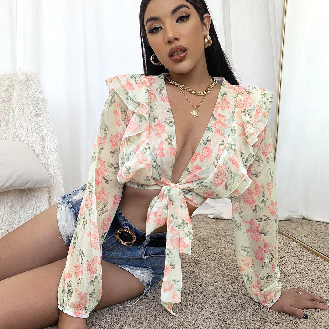 Damen Bluse mit Rüschen und floralem Design Drune