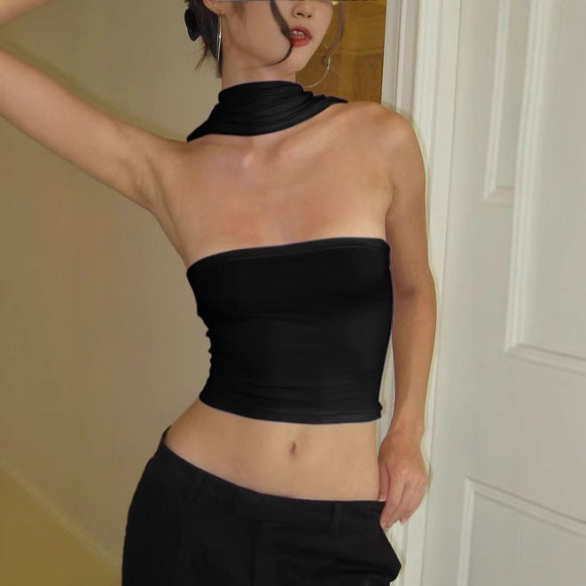 Damen Crop-Oberteil mit schickem Wickelkragen und figurbetontem Schnitt Drune