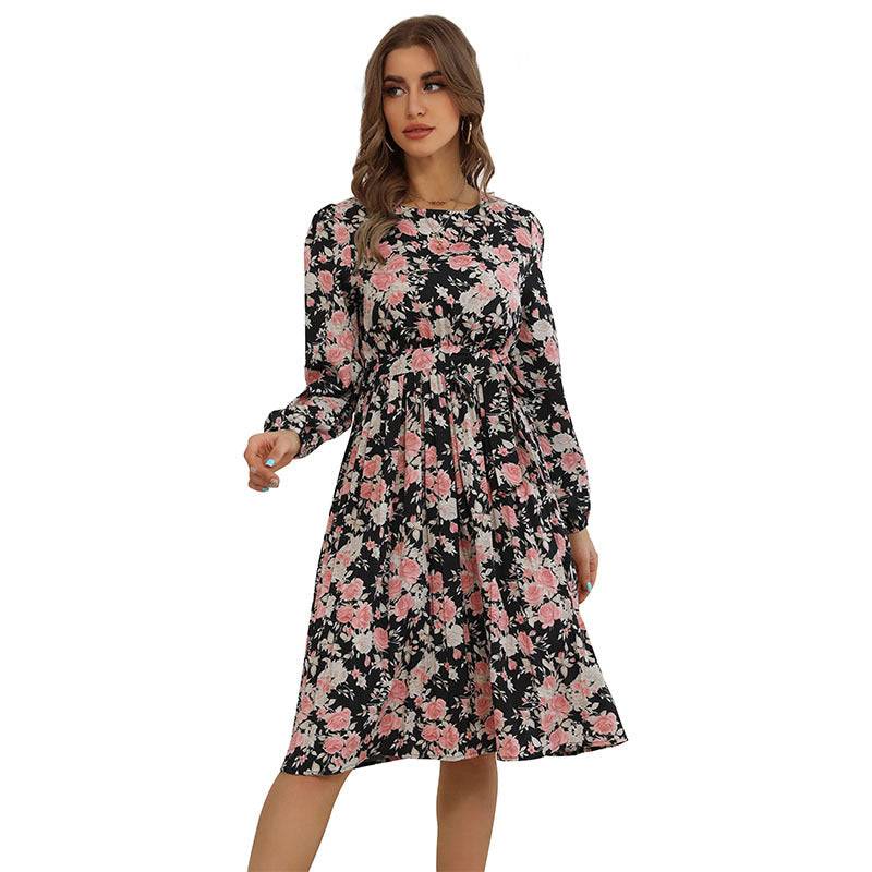 Damen Blumenkleid mit lange Ärmeln und hohem Schlitz Drune