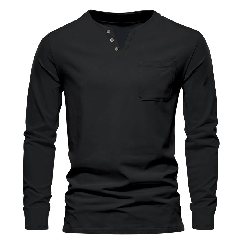 Herren nan modernes Henley-Langarmshirt mit asymmetrischer Knopfleiste und Brusttasche Drune