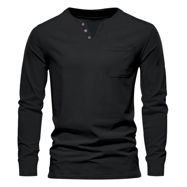 Herren nan modernes Henley-Langarmshirt mit asymmetrischer Knopfleiste und Brusttasche Drune