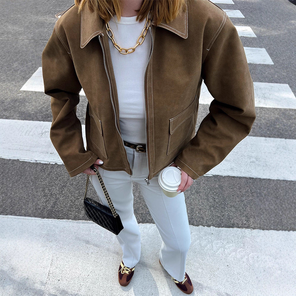 Damen Boxy-Veloursleder-Blouson mit Kontrastnähten und frontalem Reißverschluss Drune