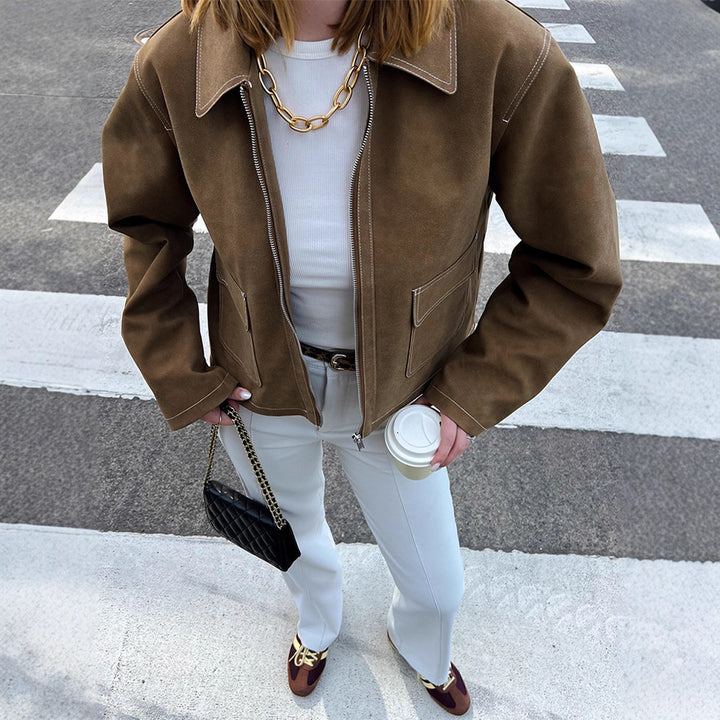 Damen Boxy-Veloursleder-Blouson mit Kontrastnähten und frontalem Reißverschluss Drune
