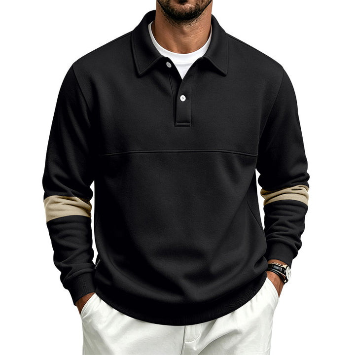 Herren Langarm-Poloshirt-Sweatshirt mit halber Knopfleiste, Kontrastärmeln und Rippbündchen Drune