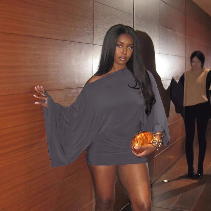 Damen nan schulterfreies Drapiertes Blouson-Top mit weitem Fledermausärmel und tailliertem Bündchen Drune