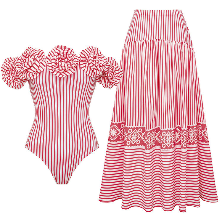 Damen Striped Bikini-Set mit eleganter Wickelbluse und modischem Rock Drune