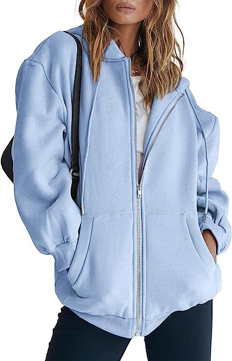 Damen nan oversized Kapuzenjacke mit durchgehendem Reißverschluss Kängurutaschen und weichem Sweatmaterial Drune