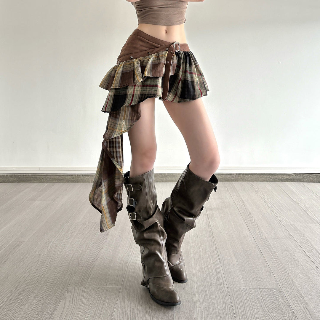 Damen Verspielter Karorock mit asymmetrischem Schnitt und verstellbarem Bund Drune