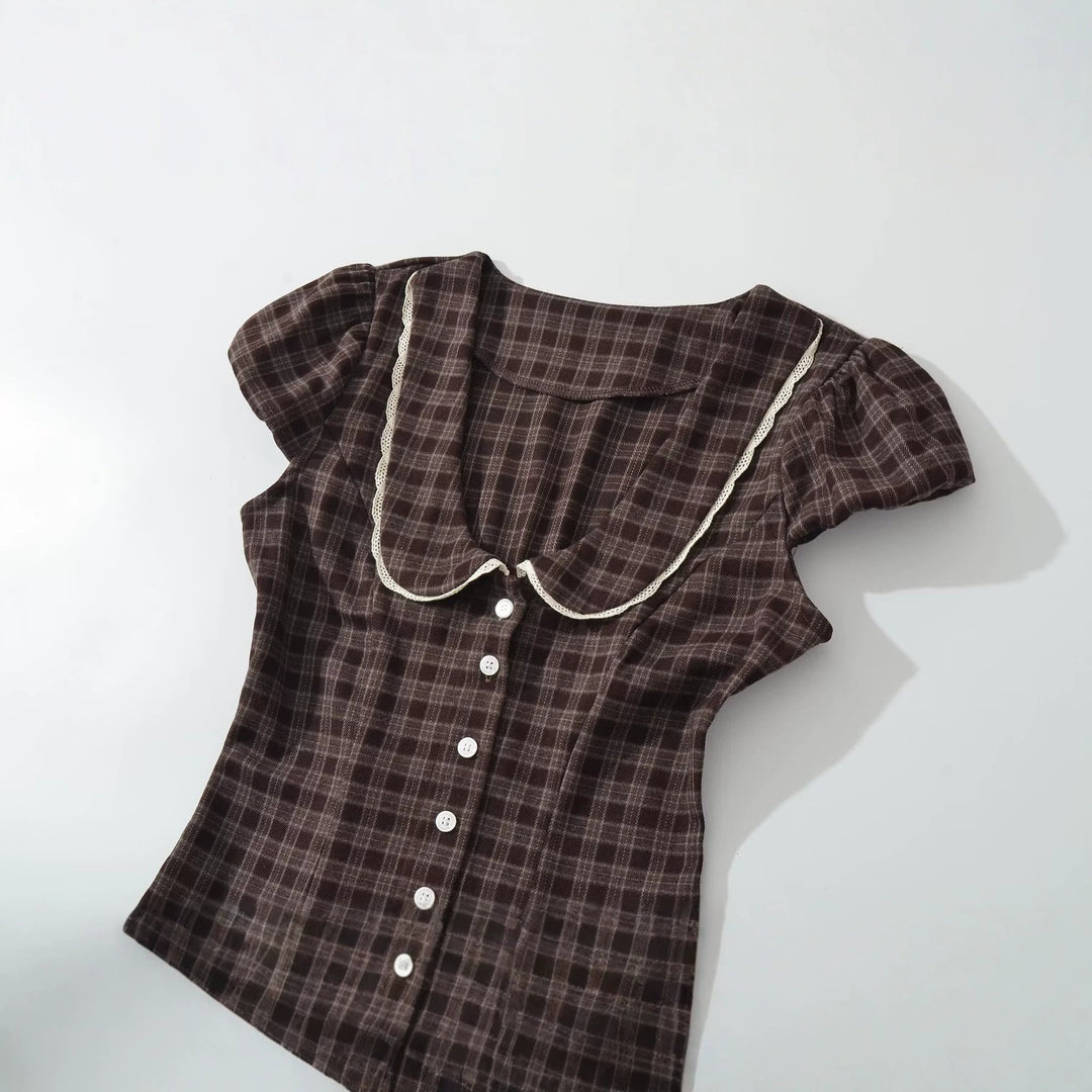 Damen Kariertes A-Linien-Minikleid mit kontrastierendem Bubikragen und Knopfleiste Drune
