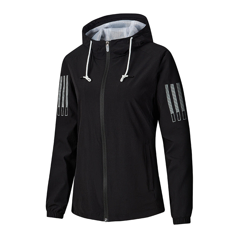 Damen Leichte atmungsaktive Kapuzen-Windjacke mit durchgehendem Reißverschluss und reflektierenden Ärmestreifen Drune