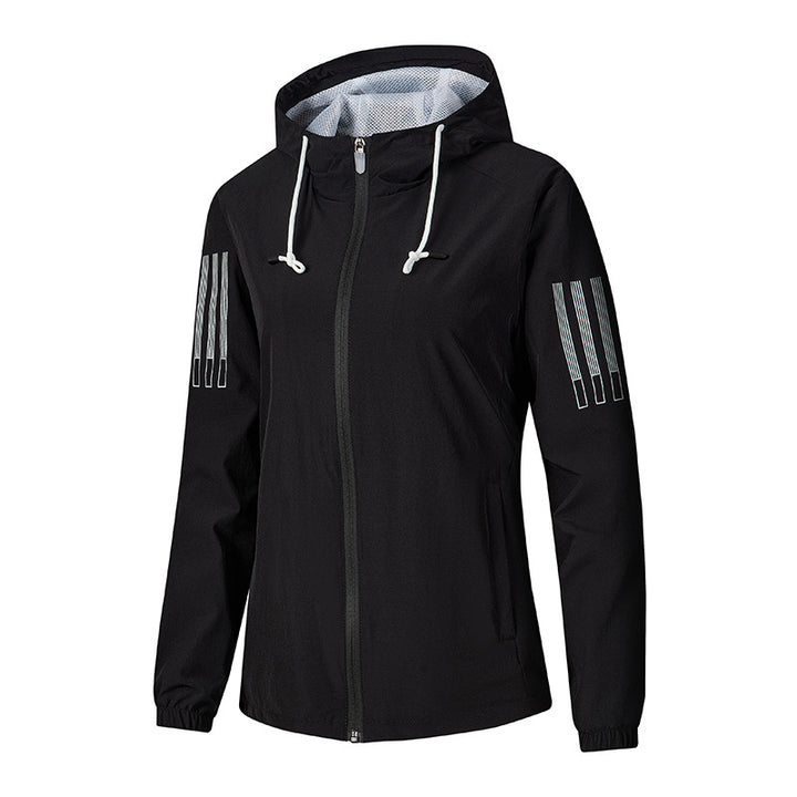 Damen Leichte atmungsaktive Kapuzen-Windjacke mit durchgehendem Reißverschluss und reflektierenden Ärmestreifen Drune