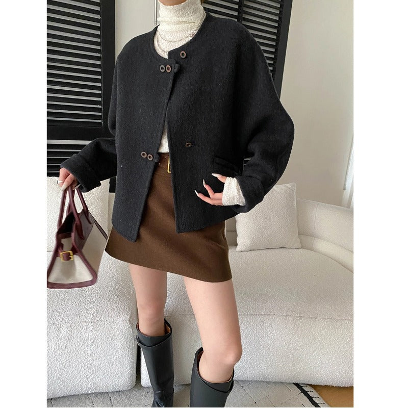 Damen kuschelige Oversized-Jacke aus hochwertigem Wollmix mit Knopfdetails Drune