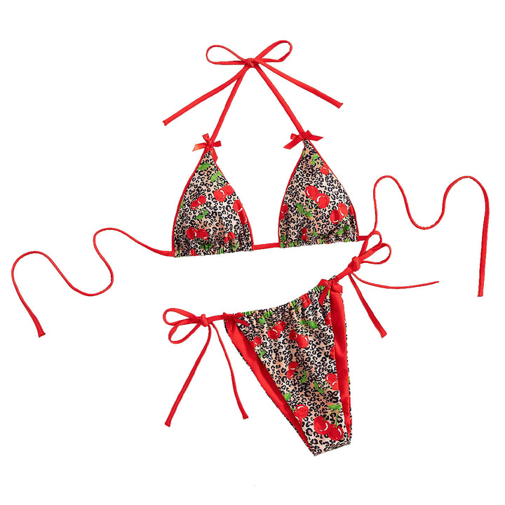 Damen Triangel-Bikini mit floralem Kirschmuster und verspielten Details Drune