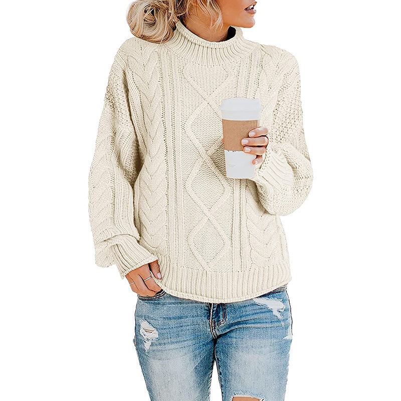 Damen Grobstrickpullover mit hohem Kragen und Zopfmuster Drune