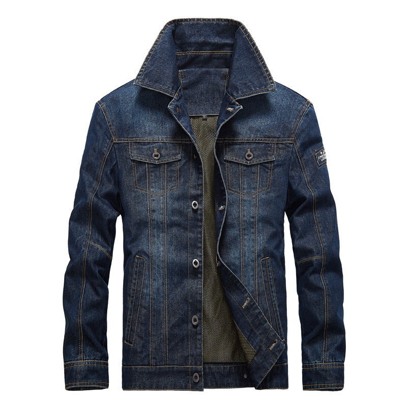 Herren Jeansjacke im Worker‑Look mit Stehkragen, Brustpattentaschen und Ziernähten Drune