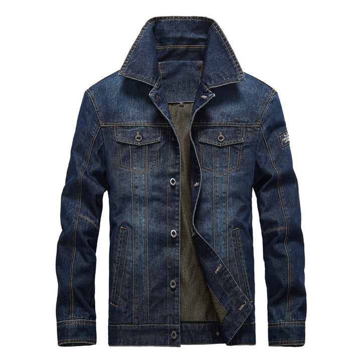 Herren Jeansjacke im Worker‑Look mit Stehkragen, Brustpattentaschen und Ziernähten Drune