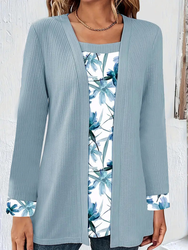 Damen lässiger Cardigan mit floralem Innenfutter und langen Ärmeln Drune