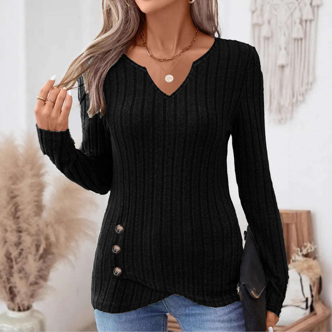 Damen Geripptes Longsleeve-Tunika mit V-Ausschnitt und seitlichen Zierknöpfen Drune