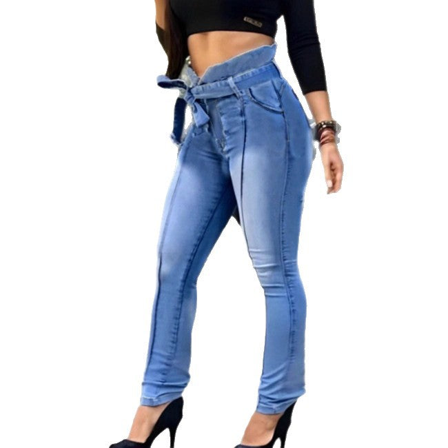 Damen Hochtaillierte Paperbag-Skinny-Jeans mit Bindegürtel und vertikaler Nahtführung Drune