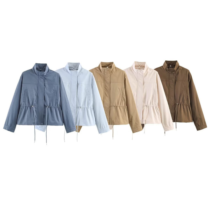Damen Leichte Übergangsjacke mit Tunnelzug‑Taille und Stehkragen Drune