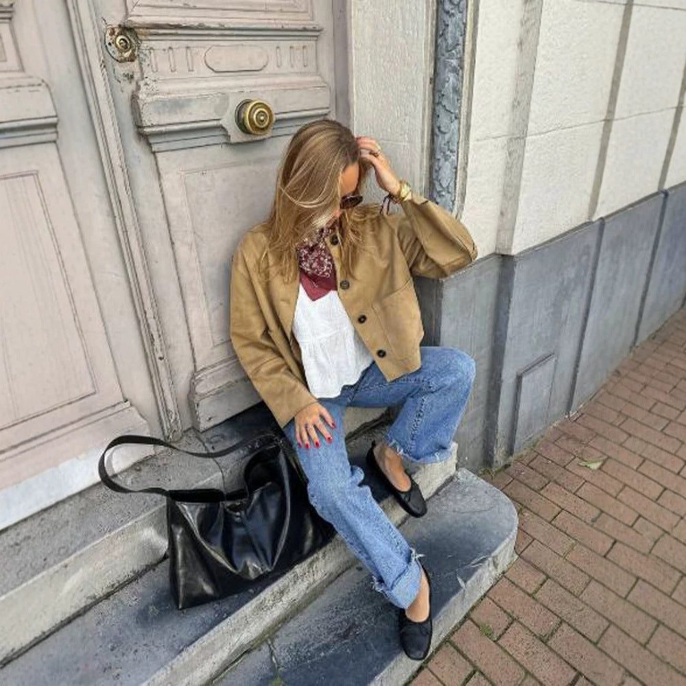 Damen Kurze Velourslederjacke im Clean-Cut mit aufgesetzten Taschen Drune