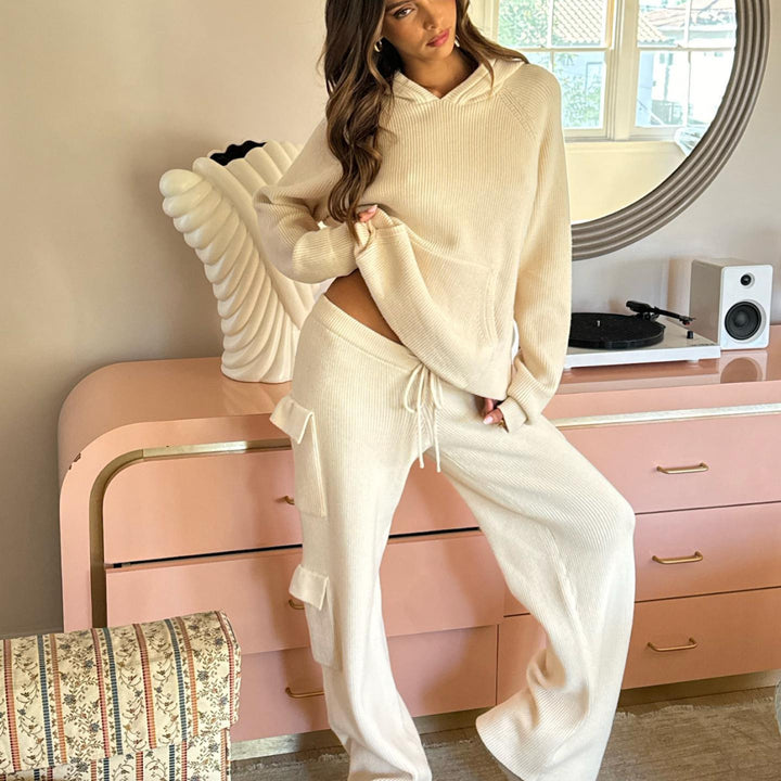 Damen geripptes Strick-Loungewear-Set mit Kapuzenpullover und Cargo-Hose Drune