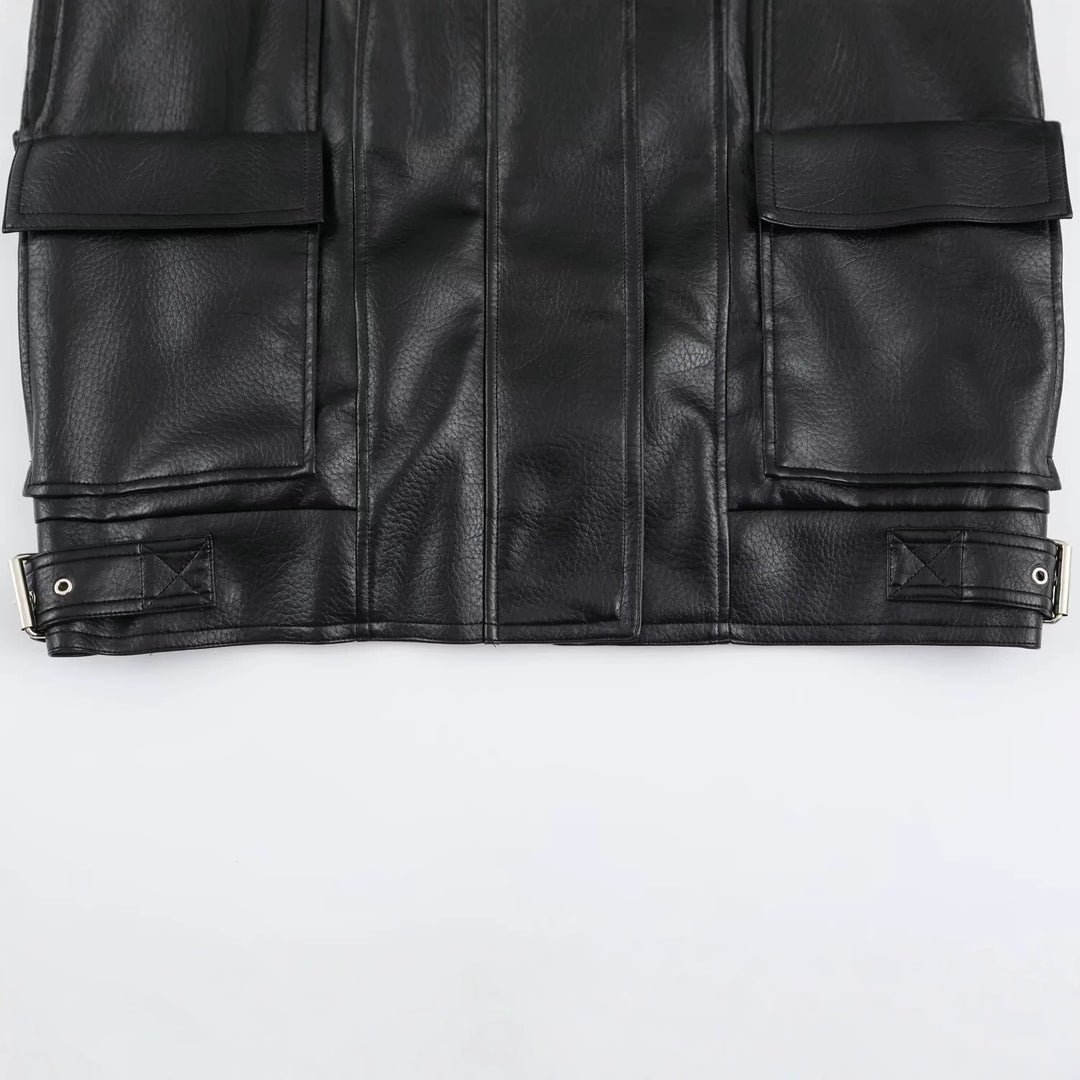 Damen Oversize Kunstlederjacke mit hohem Stehkragen, aufgesetzten Taschen und verstellbaren Schnallen Drune